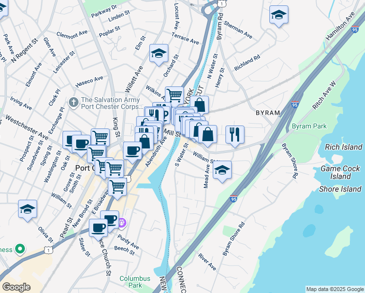 map of restaurants, bars, coffee shops, grocery stores, and more near 16 William Street West in Greenwich