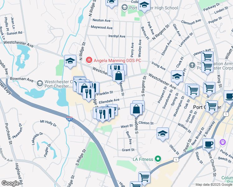 map of restaurants, bars, coffee shops, grocery stores, and more near 475 West William Street in Port Chester