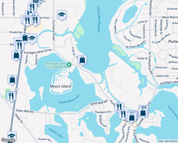 map of restaurants, bars, coffee shops, grocery stores, and more near 796 Portage Lakes Drive in Akron