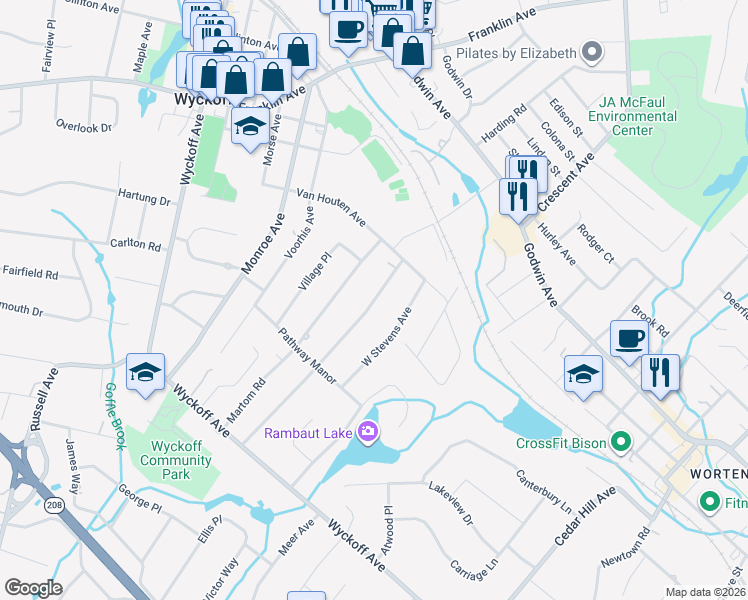 map of restaurants, bars, coffee shops, grocery stores, and more near 314 Sunset Boulevard in Wyckoff