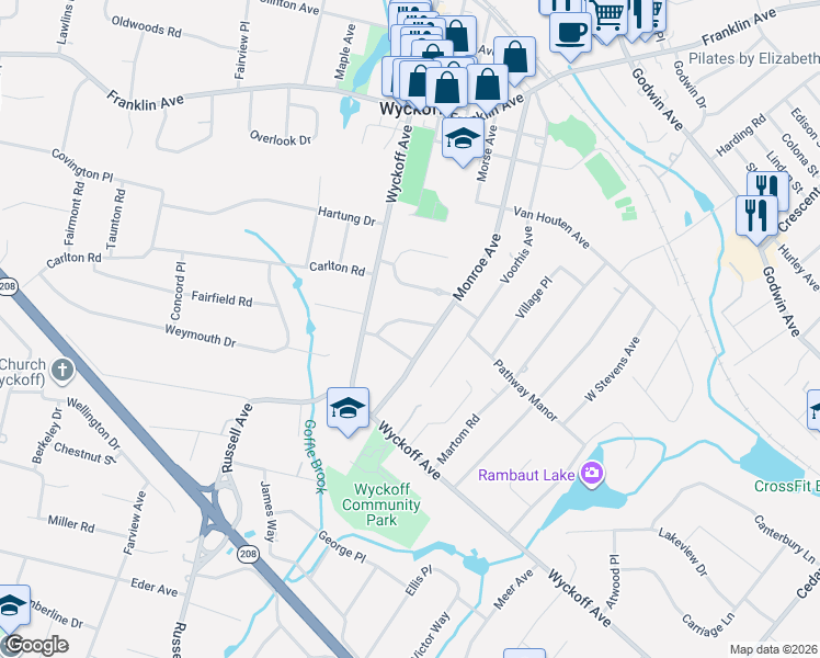map of restaurants, bars, coffee shops, grocery stores, and more near 382 Frances Place in Wyckoff