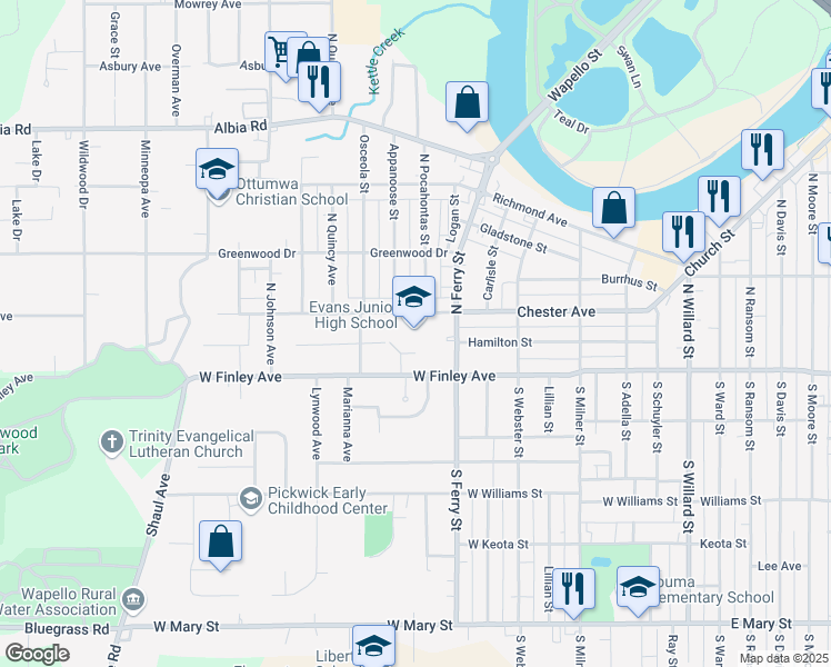 map of restaurants, bars, coffee shops, grocery stores, and more near 812 Chester Avenue in Ottumwa
