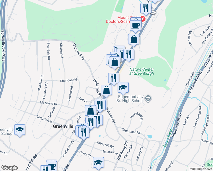 map of restaurants, bars, coffee shops, grocery stores, and more near 594 Central Park Avenue in Scarsdale
