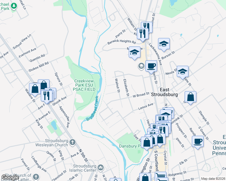 map of restaurants, bars, coffee shops, grocery stores, and more near 39 Gold Street in East Stroudsburg