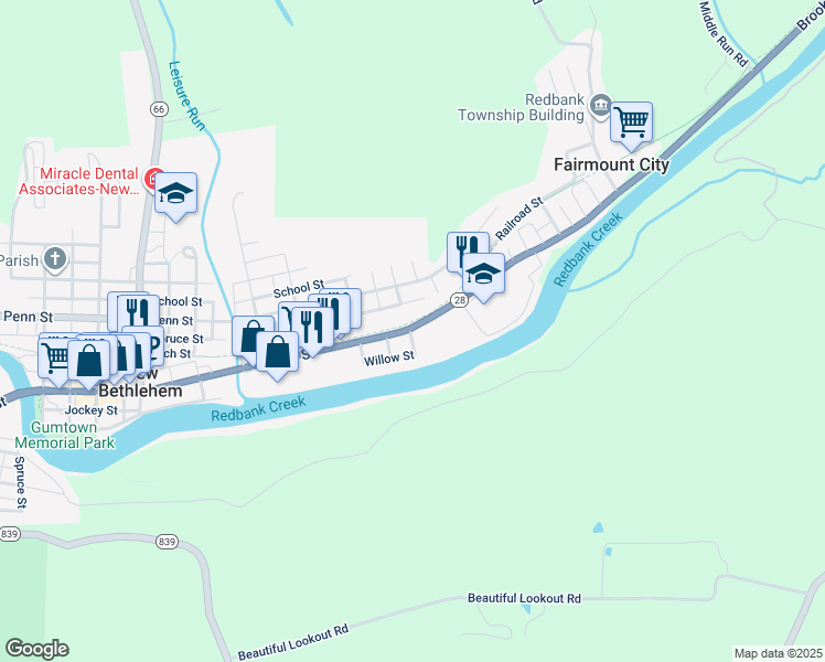 map of restaurants, bars, coffee shops, grocery stores, and more near 910 Broad Street in New Bethlehem