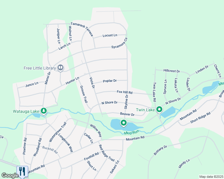 map of restaurants, bars, coffee shops, grocery stores, and more near 25 Fox Hill Road in Albrightsville