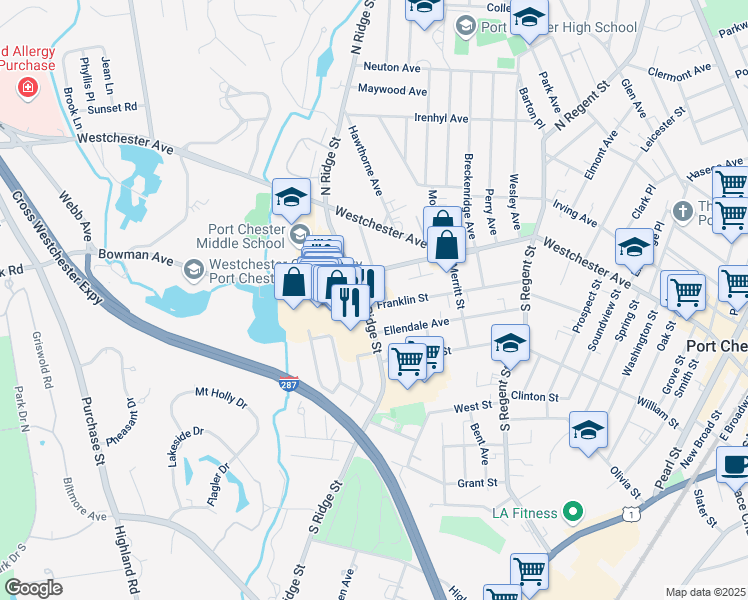 map of restaurants, bars, coffee shops, grocery stores, and more near 27 Rye Ridge Plaza in Rye Brook