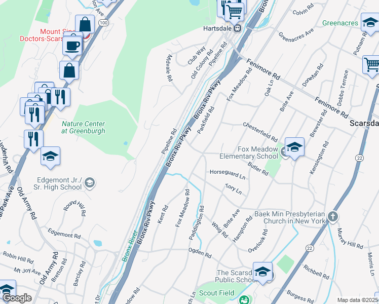 map of restaurants, bars, coffee shops, grocery stores, and more near 171 Fox Meadow Road in Scarsdale