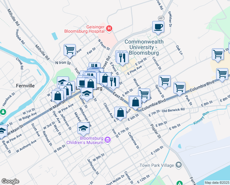 map of restaurants, bars, coffee shops, grocery stores, and more near 329 East Street in Bloomsburg
