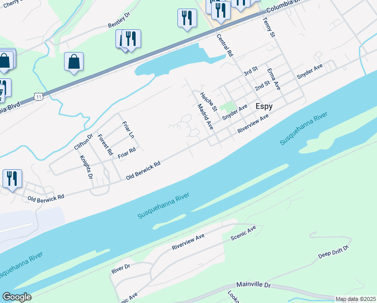 map of restaurants, bars, coffee shops, grocery stores, and more near 2008 Old Berwick Road in Bloomsburg