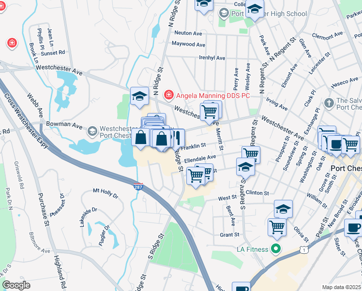 map of restaurants, bars, coffee shops, grocery stores, and more near 111 South Ridge Street in Rye Brook