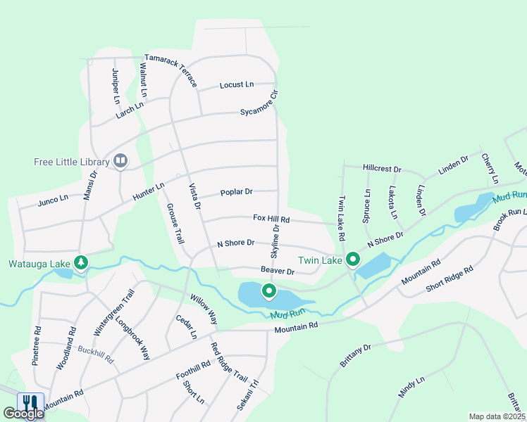 map of restaurants, bars, coffee shops, grocery stores, and more near 39 Fox Hill Road in Albrightsville