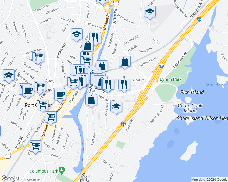 map of restaurants, bars, coffee shops, grocery stores, and more near 115a Pine Street in Greenwich