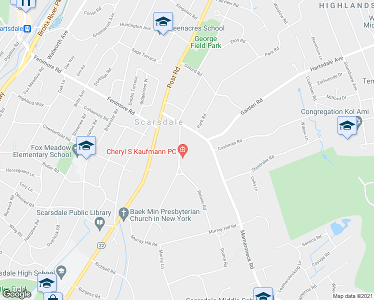 map of restaurants, bars, coffee shops, grocery stores, and more near 32 Cooper Road in Scarsdale