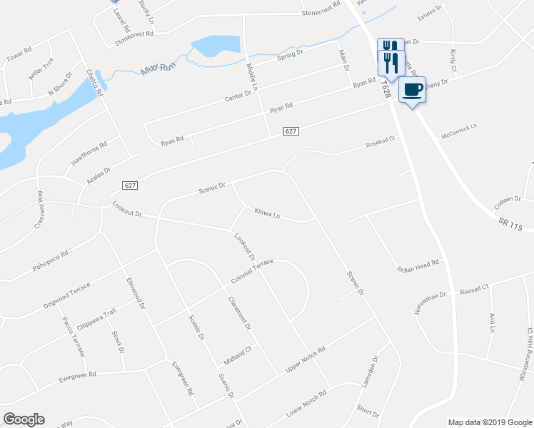 map of restaurants, bars, coffee shops, grocery stores, and more near 4100 Kiowa Lane in Albrightsville