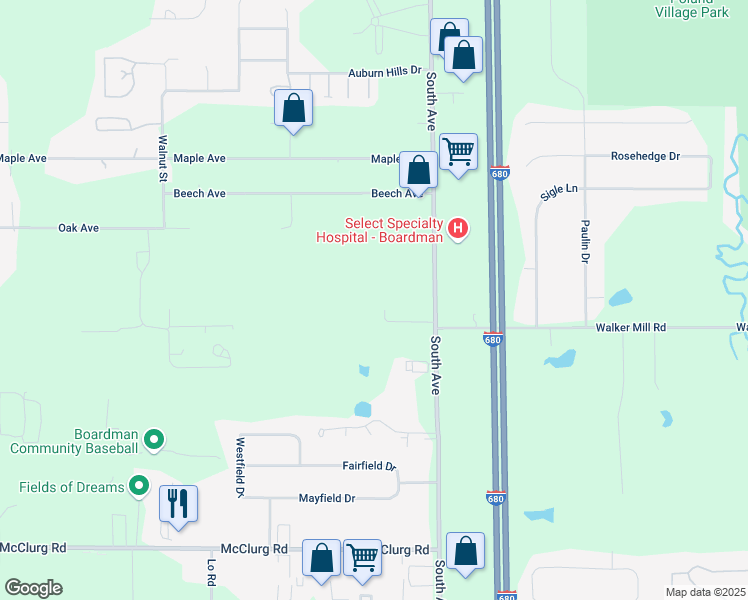 map of restaurants, bars, coffee shops, grocery stores, and more near 8036 South Avenue in Youngstown