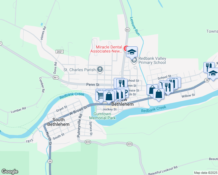 map of restaurants, bars, coffee shops, grocery stores, and more near 301 Penn Street in New Bethlehem