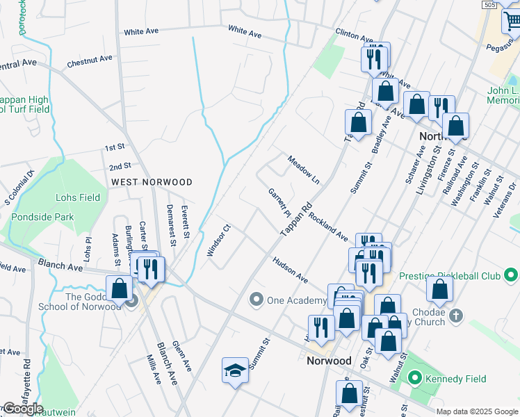 map of restaurants, bars, coffee shops, grocery stores, and more near 11 Garnett Place in Norwood