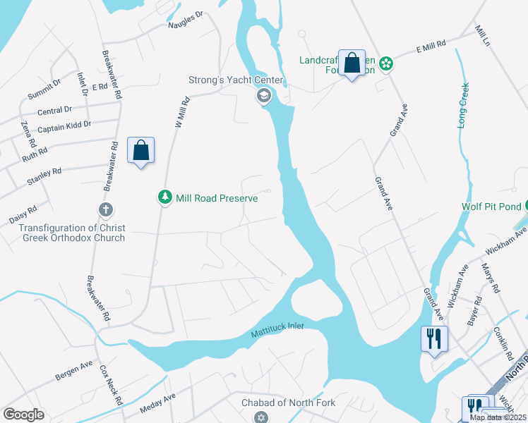 map of restaurants, bars, coffee shops, grocery stores, and more near 340 North Drive in Mattituck