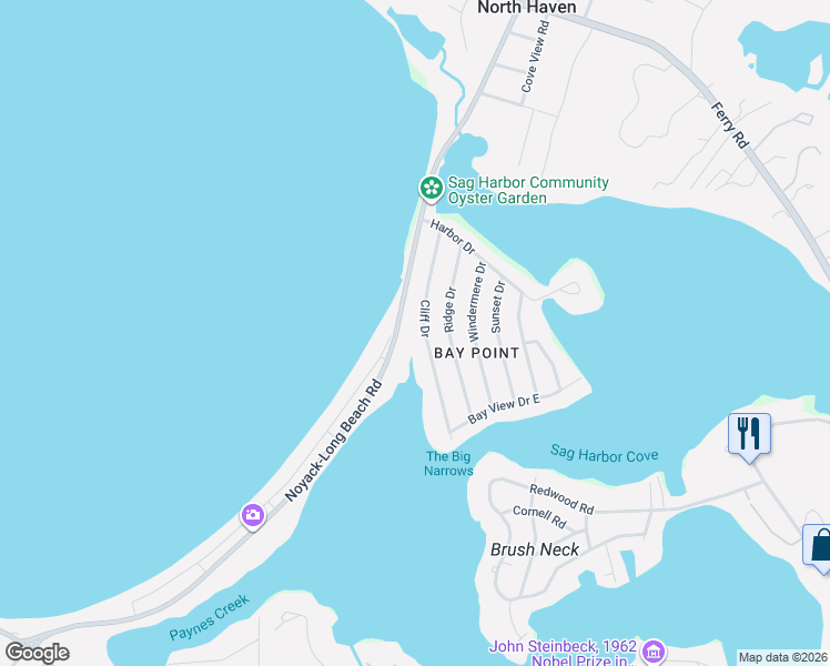 map of restaurants, bars, coffee shops, grocery stores, and more near 38 Cliff Drive in Sag Harbor