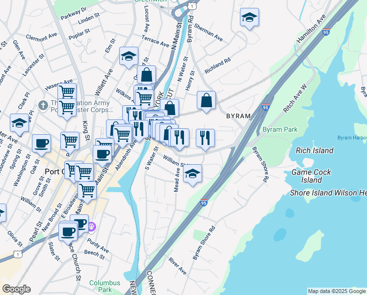 map of restaurants, bars, coffee shops, grocery stores, and more near 25 Henry Street in Greenwich