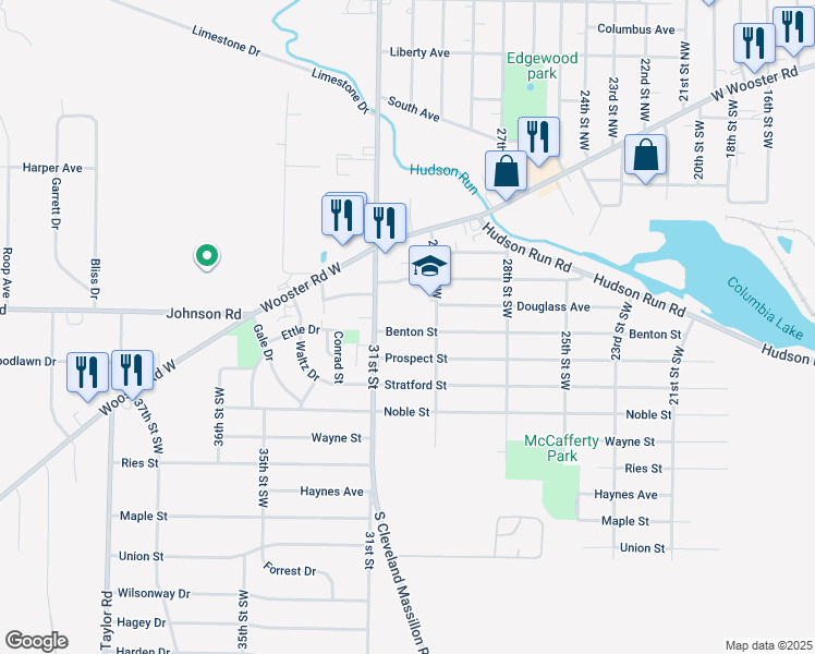 map of restaurants, bars, coffee shops, grocery stores, and more near 1357 Benton Street in Barberton