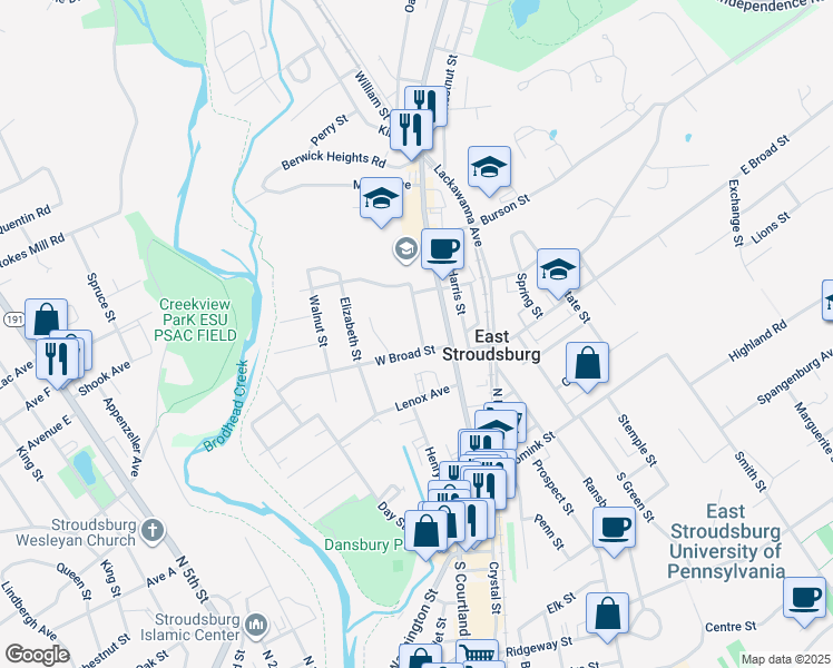 map of restaurants, bars, coffee shops, grocery stores, and more near 171 Grove Street in East Stroudsburg