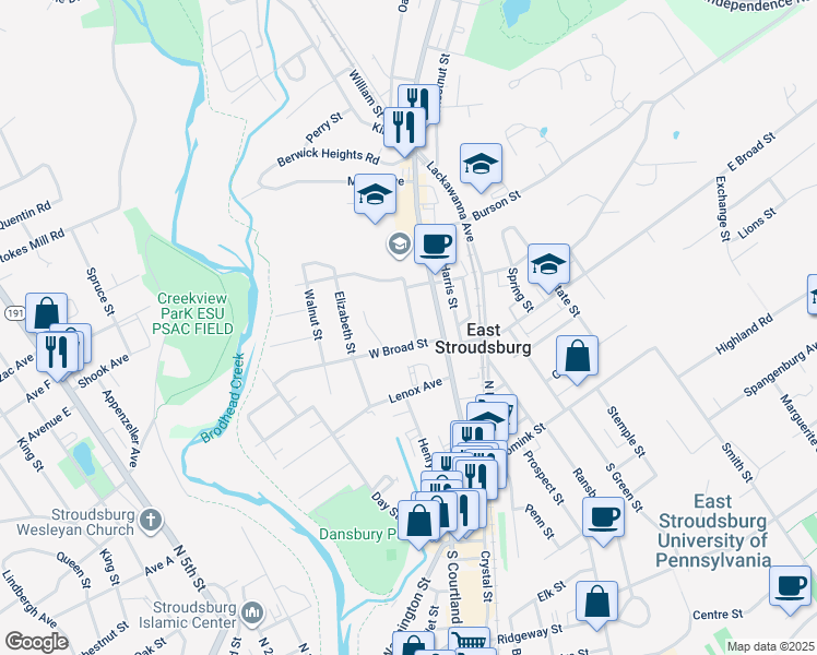 map of restaurants, bars, coffee shops, grocery stores, and more near 171 Grove Street in East Stroudsburg