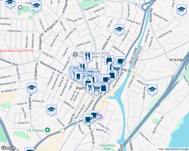 map of restaurants, bars, coffee shops, grocery stores, and more near 39 Palace Place in Port Chester