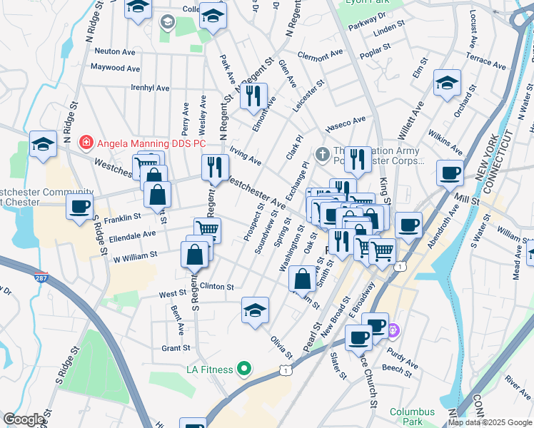 map of restaurants, bars, coffee shops, grocery stores, and more near 342 Westchester Avenue in Port Chester