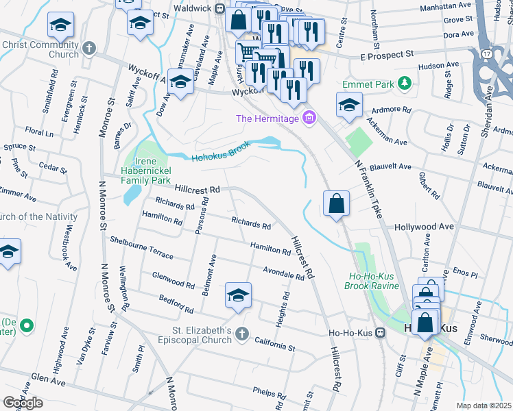 map of restaurants, bars, coffee shops, grocery stores, and more near 903 Hillcrest Road in Ridgewood