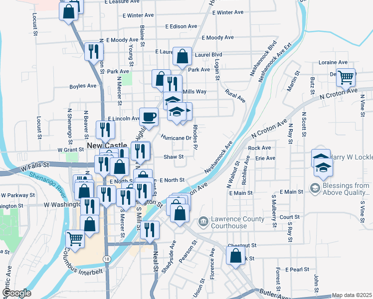 map of restaurants, bars, coffee shops, grocery stores, and more near 309 Rhodes Place in New Castle
