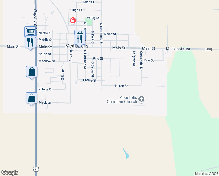 map of restaurants, bars, coffee shops, grocery stores, and more near 905 Huron Street in Mediapolis