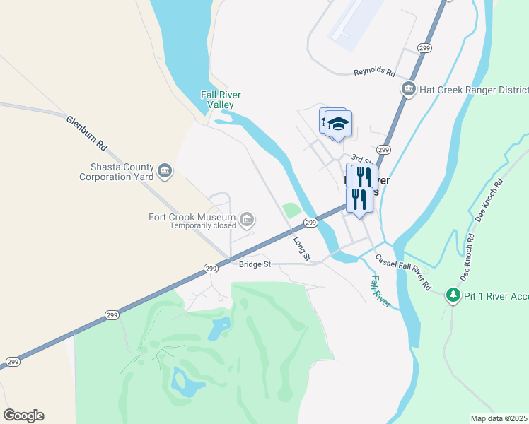 map of restaurants, bars, coffee shops, grocery stores, and more near 24894 Long St in Fall River Mills