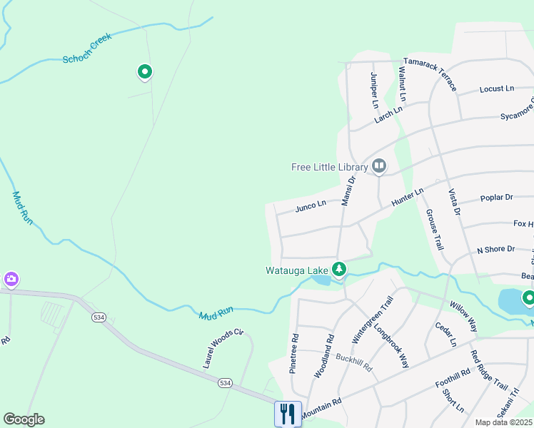 map of restaurants, bars, coffee shops, grocery stores, and more near 39 Clubhouse Drive in Albrightsville