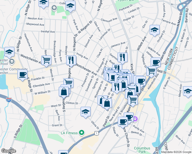 map of restaurants, bars, coffee shops, grocery stores, and more near 324 Westchester Avenue in Port Chester