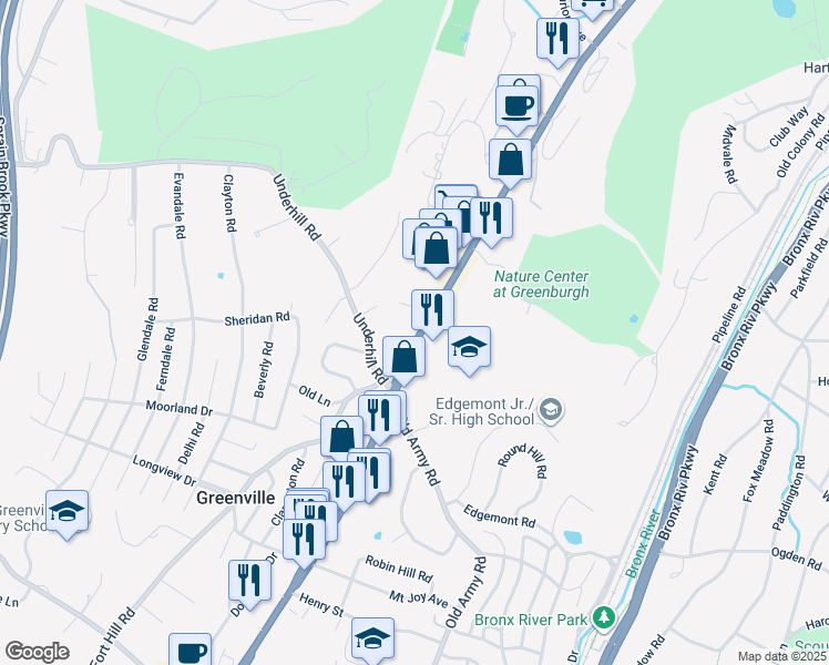 map of restaurants, bars, coffee shops, grocery stores, and more near 531 Central Park Avenue in Scarsdale