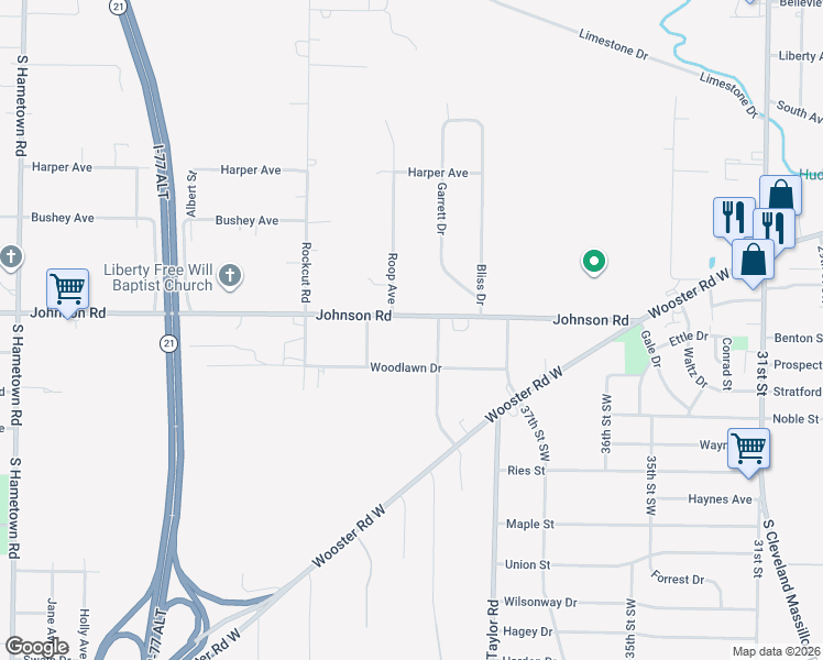 map of restaurants, bars, coffee shops, grocery stores, and more near 3641 Johnson Road in Norton