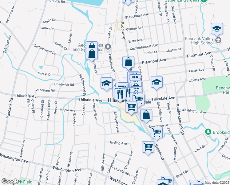 map of restaurants, bars, coffee shops, grocery stores, and more near 55 Patterson Street in Hillsdale