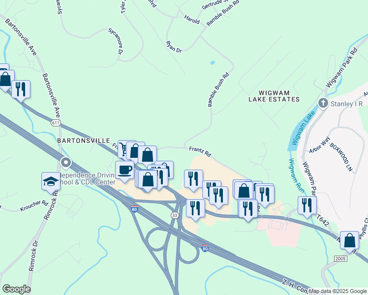 map of restaurants, bars, coffee shops, grocery stores, and more near 86 Ramble Bush Road in Stroudsburg