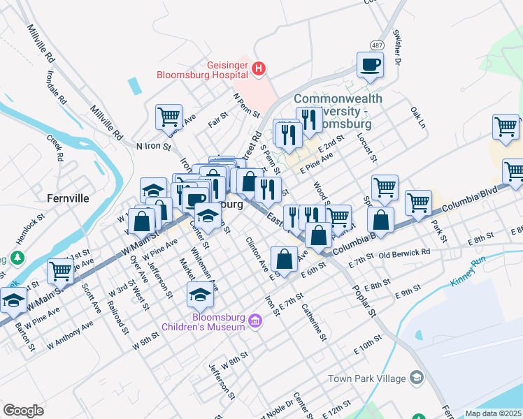 map of restaurants, bars, coffee shops, grocery stores, and more near 315 East 3rd Street in Bloomsburg