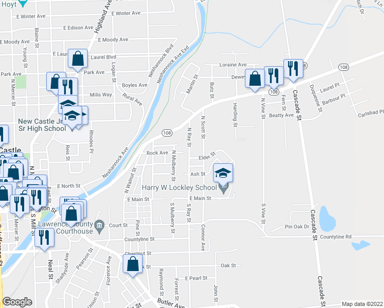 map of restaurants, bars, coffee shops, grocery stores, and more near 220 North Ray Street in New Castle