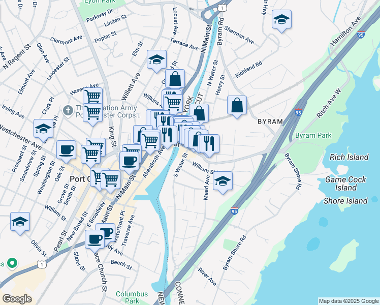 map of restaurants, bars, coffee shops, grocery stores, and more near 6 North Water Street in Greenwich