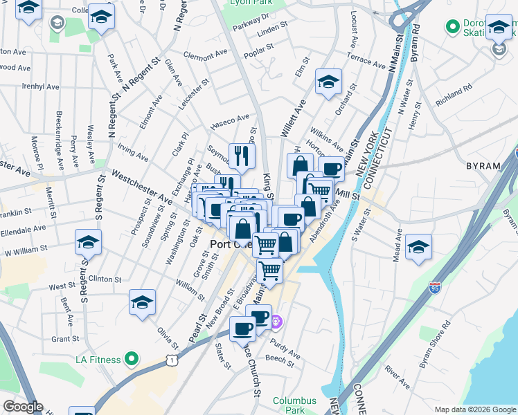 map of restaurants, bars, coffee shops, grocery stores, and more near 120 North Pearl Street in Port Chester