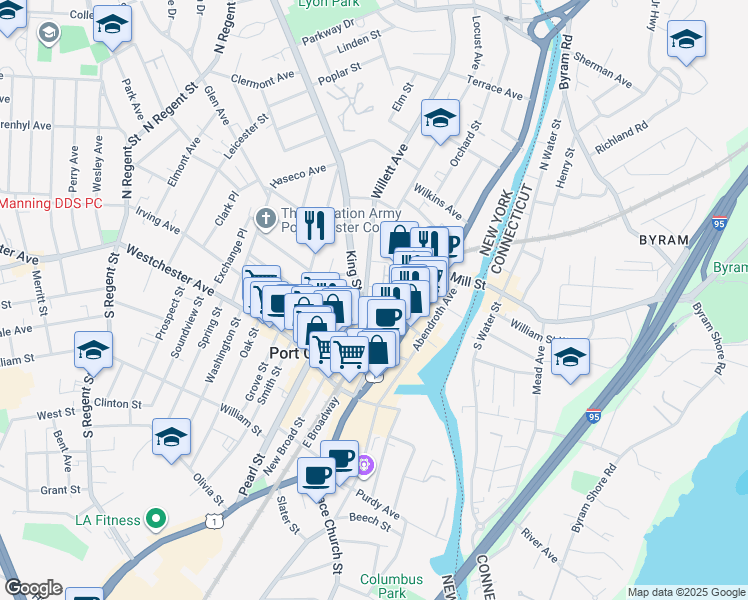 map of restaurants, bars, coffee shops, grocery stores, and more near 143 Willett Avenue in Port Chester