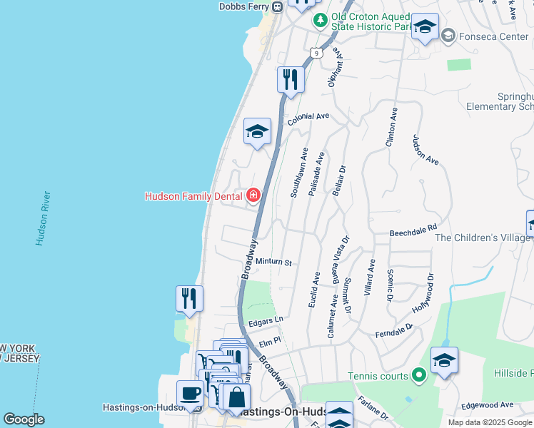 map of restaurants, bars, coffee shops, grocery stores, and more near 18 Parkway Drive in Dobbs Ferry