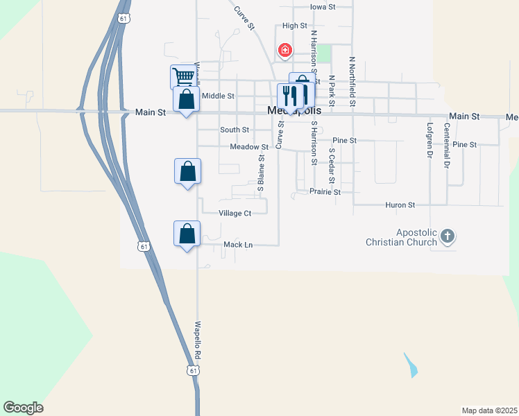 map of restaurants, bars, coffee shops, grocery stores, and more near 2-50 Village Court in Mediapolis