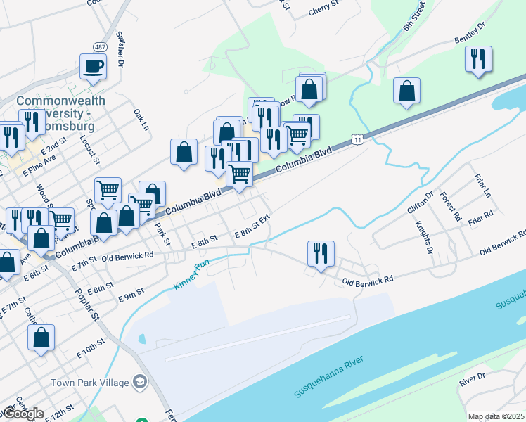 map of restaurants, bars, coffee shops, grocery stores, and more near 1045 East 8th Street Extension in Bloomsburg