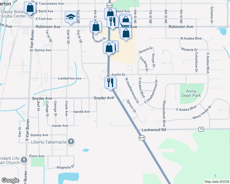 map of restaurants, bars, coffee shops, grocery stores, and more near 549 5th Street Lane East in Barberton