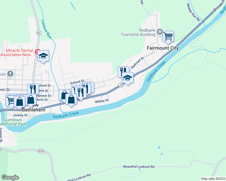 map of restaurants, bars, coffee shops, grocery stores, and more near 910 Broad Street in New Bethlehem